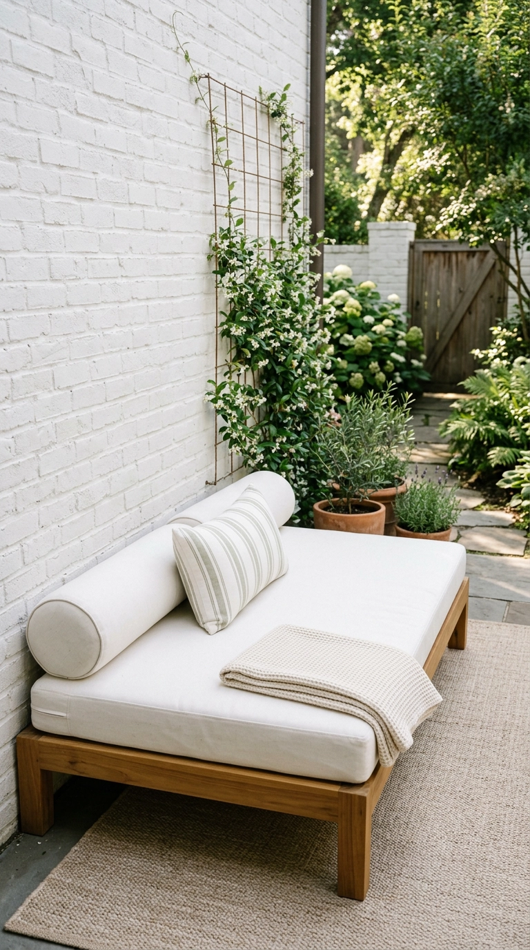 Teak outdoor daybed with white canvas cushion and bolsters in a shaded whitewashed corner