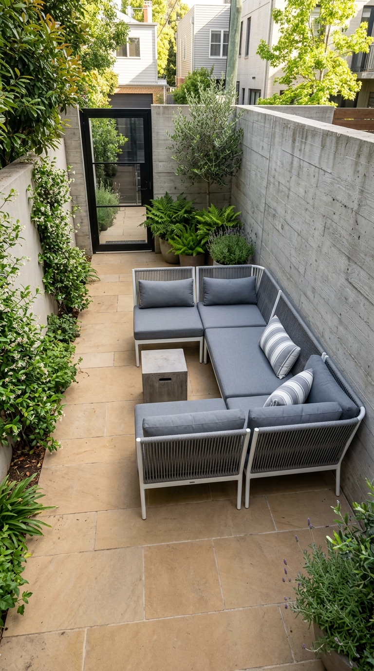 White aluminum modular armless outdoor seating arranged in an L on a narrow townhouse patio