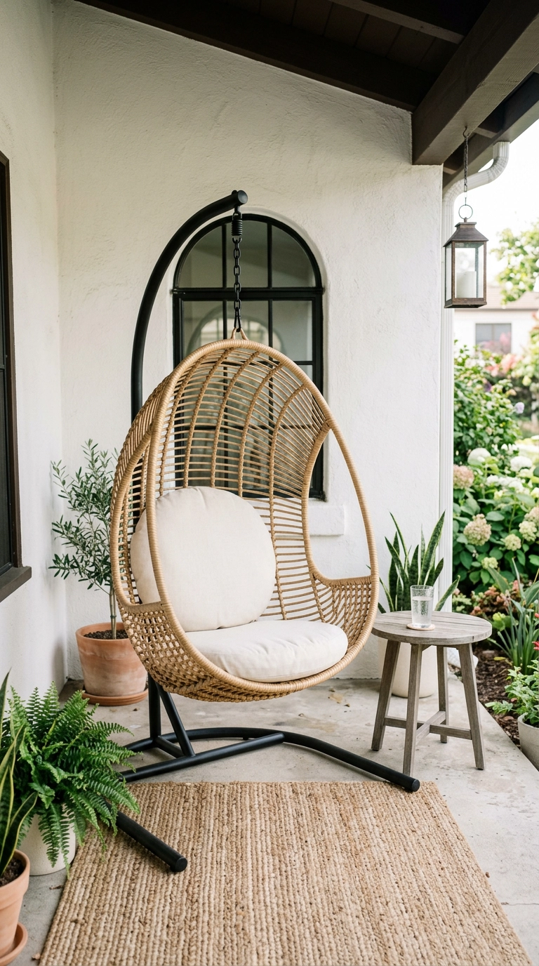 Woven hanging egg chair on a black freestanding stand on a covered townhouse patio
