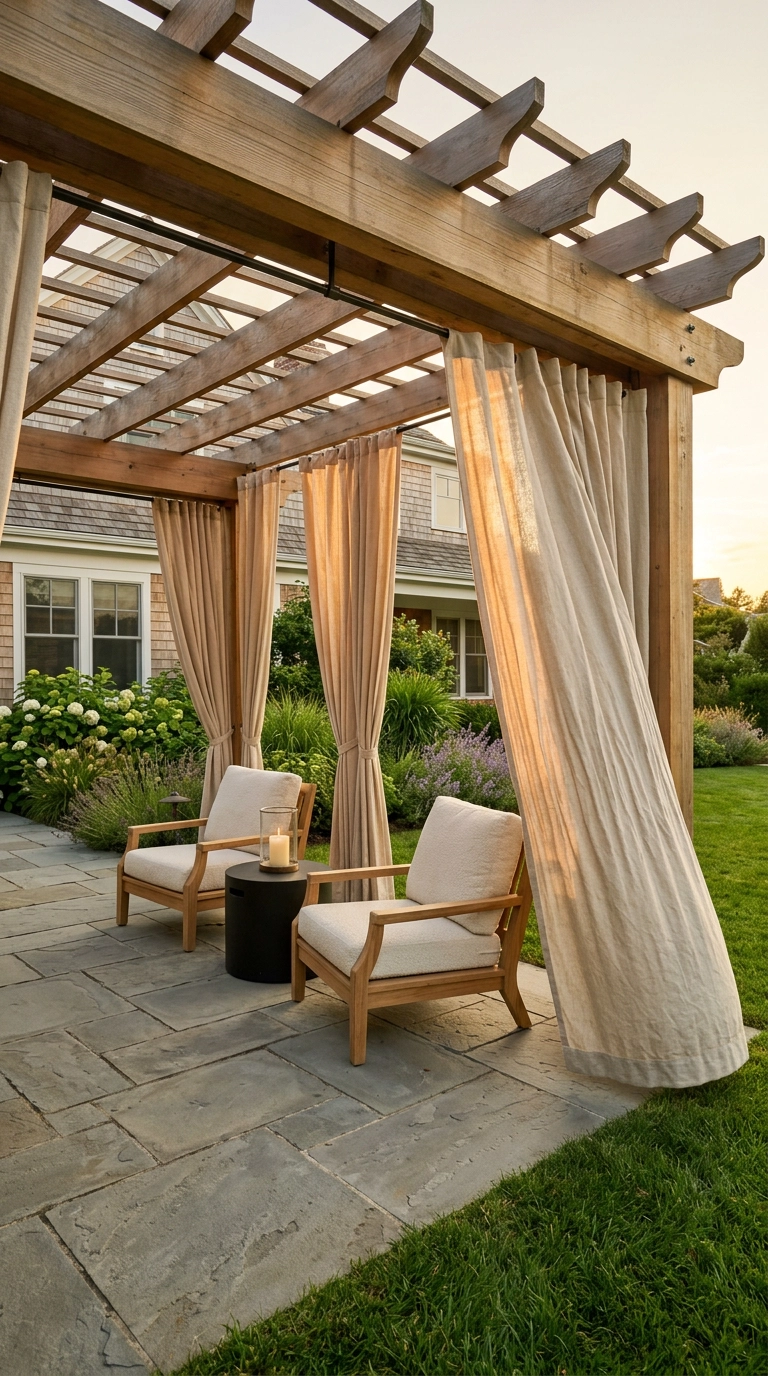 Natural canvas outdoor curtains hanging from a cedar pergola over teak lounge chairs