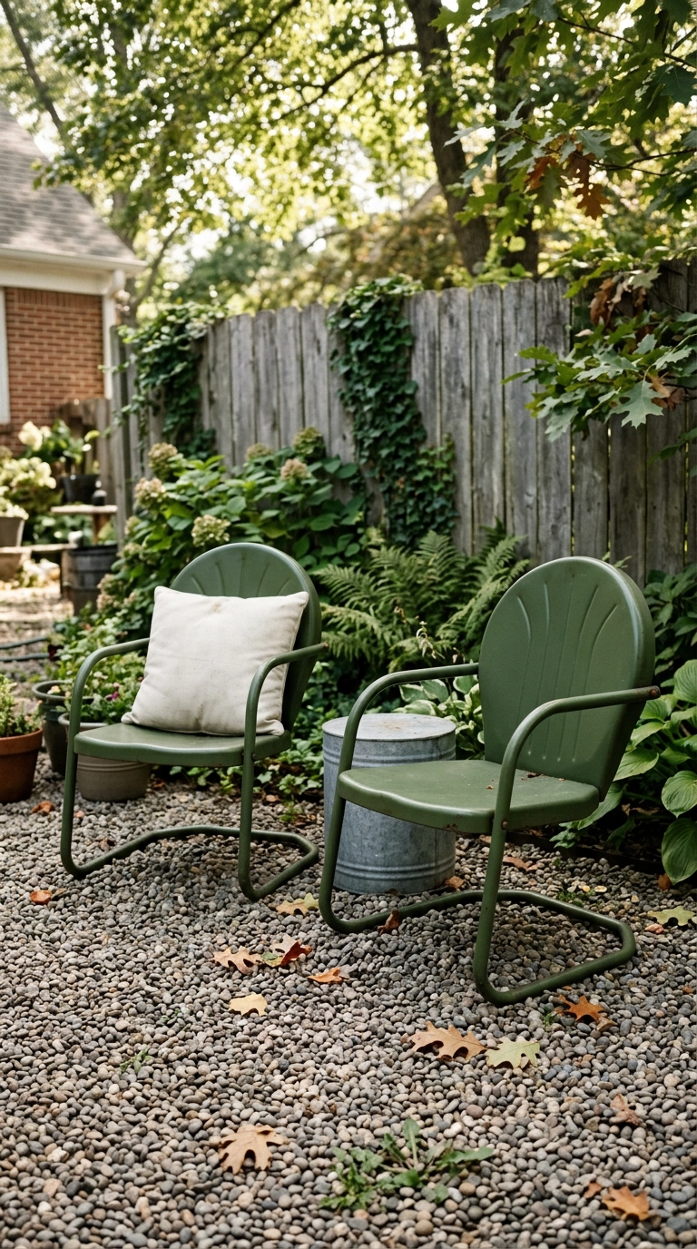 Two vintage metal tulip chairs painted deep olive green on a pea gravel patio