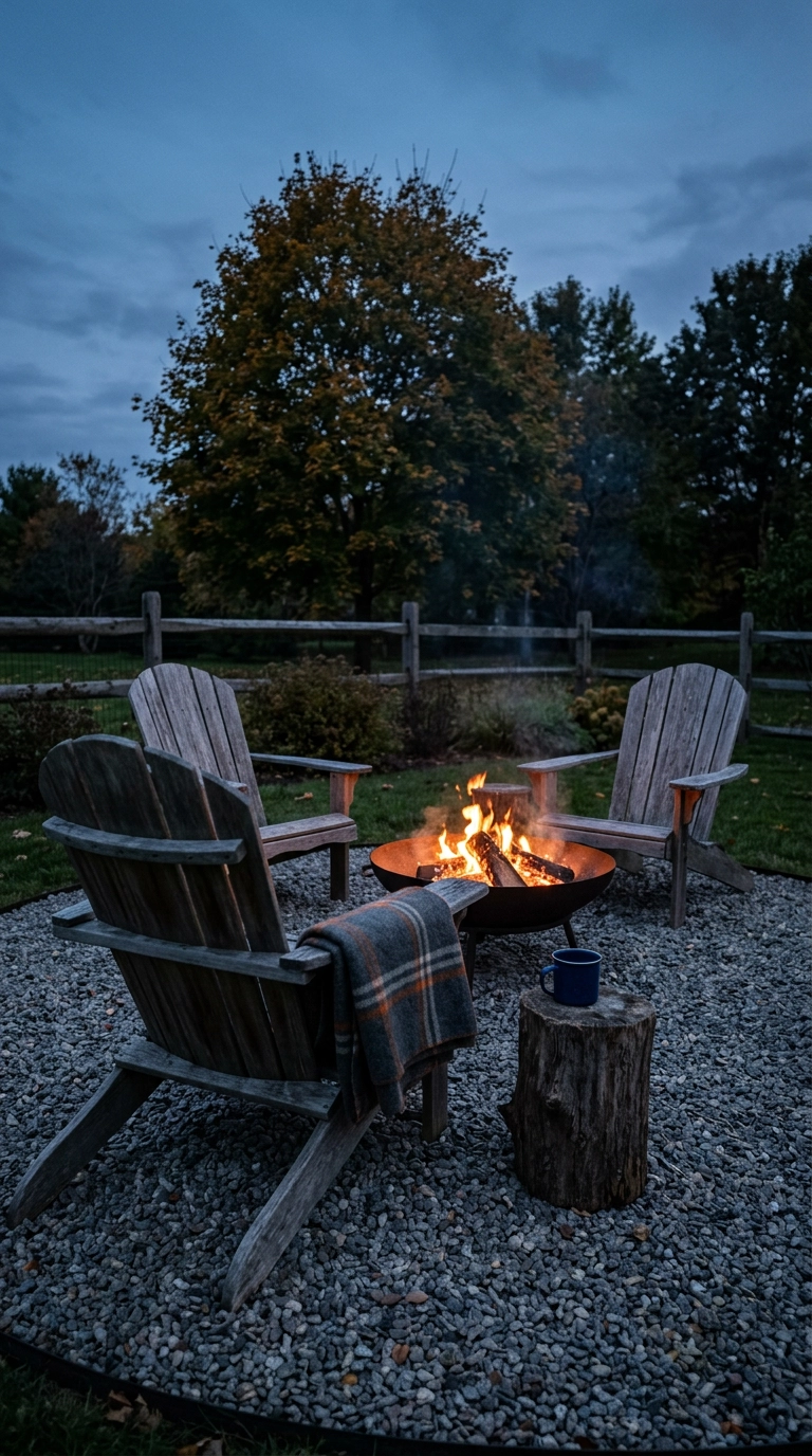 Two cedar Adirondack chairs facing a low steel fire bowl on a gravel circle at dusk