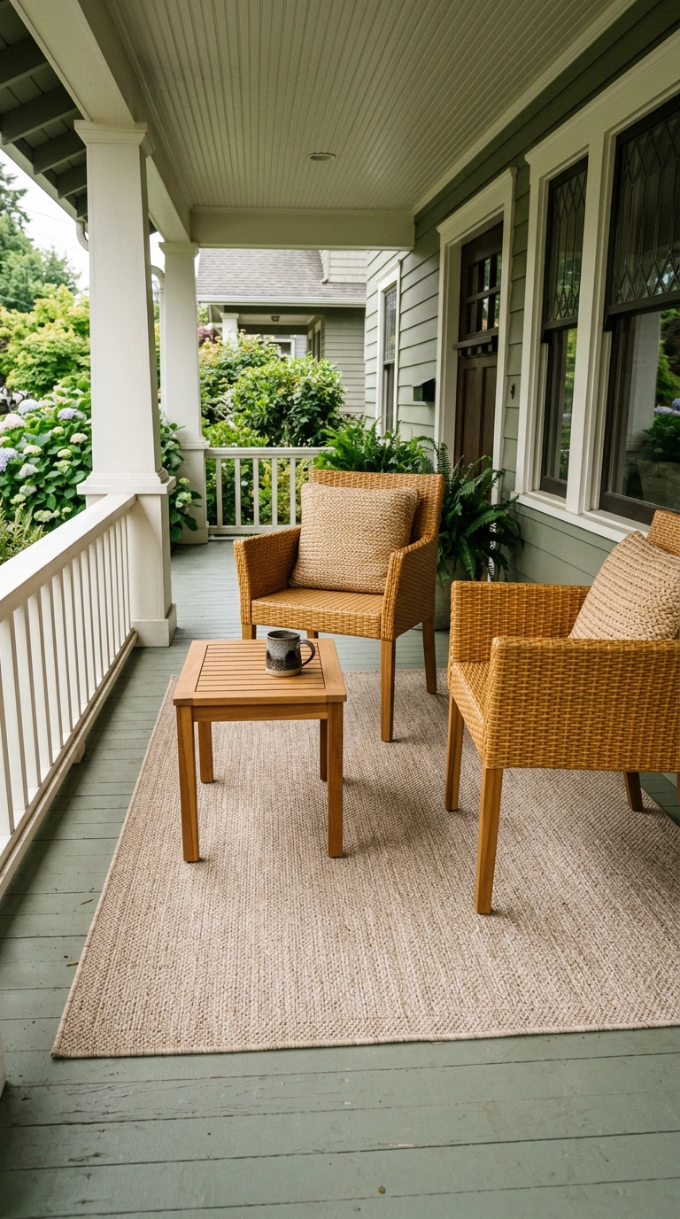 Two honey resin wicker armchairs on a sage craftsman porch with front legs on a sisal-look rug