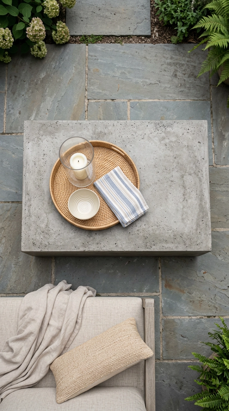 Overhead view of a concrete outdoor coffee table with a rattan tray, hurricane candle, and bowl