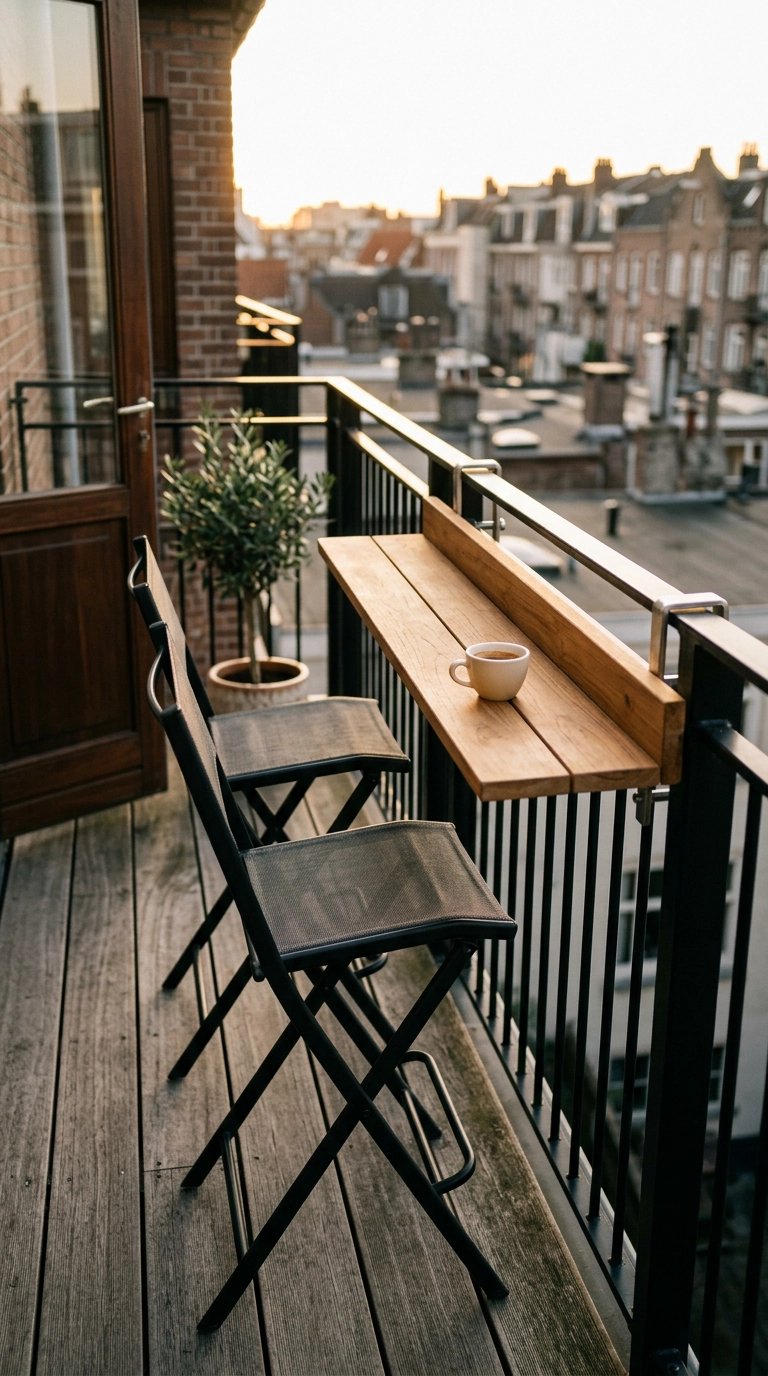 Teak balcony bar counter clamped to a black railing with two folding stools at golden hour