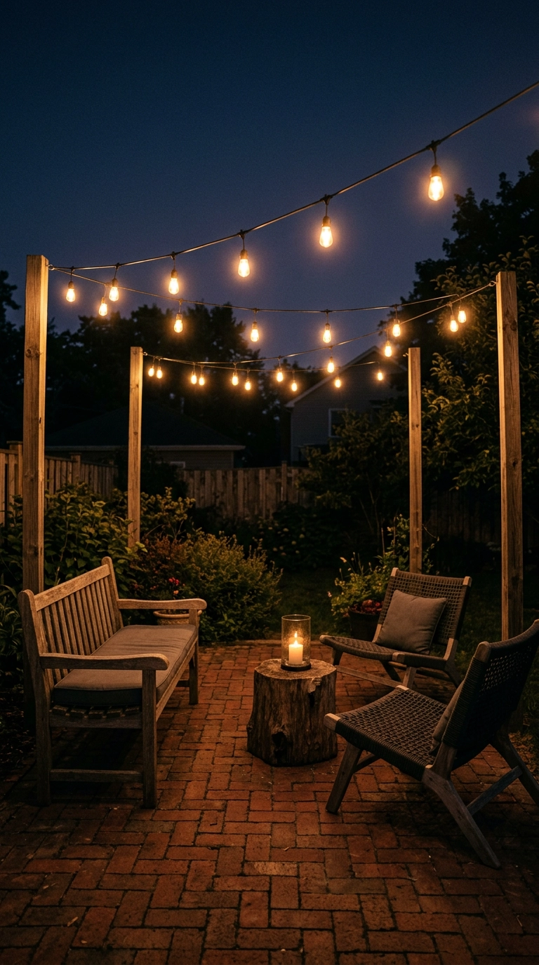 Two parallel runs of warm cafe string lights over a brick patio with an oak bench at night