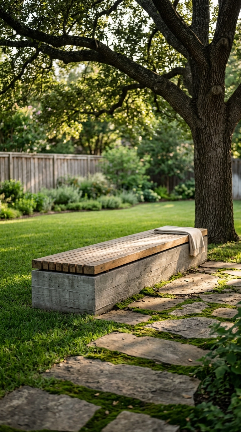 Low concrete and teak bench under a mature oak tree with dappled afternoon light