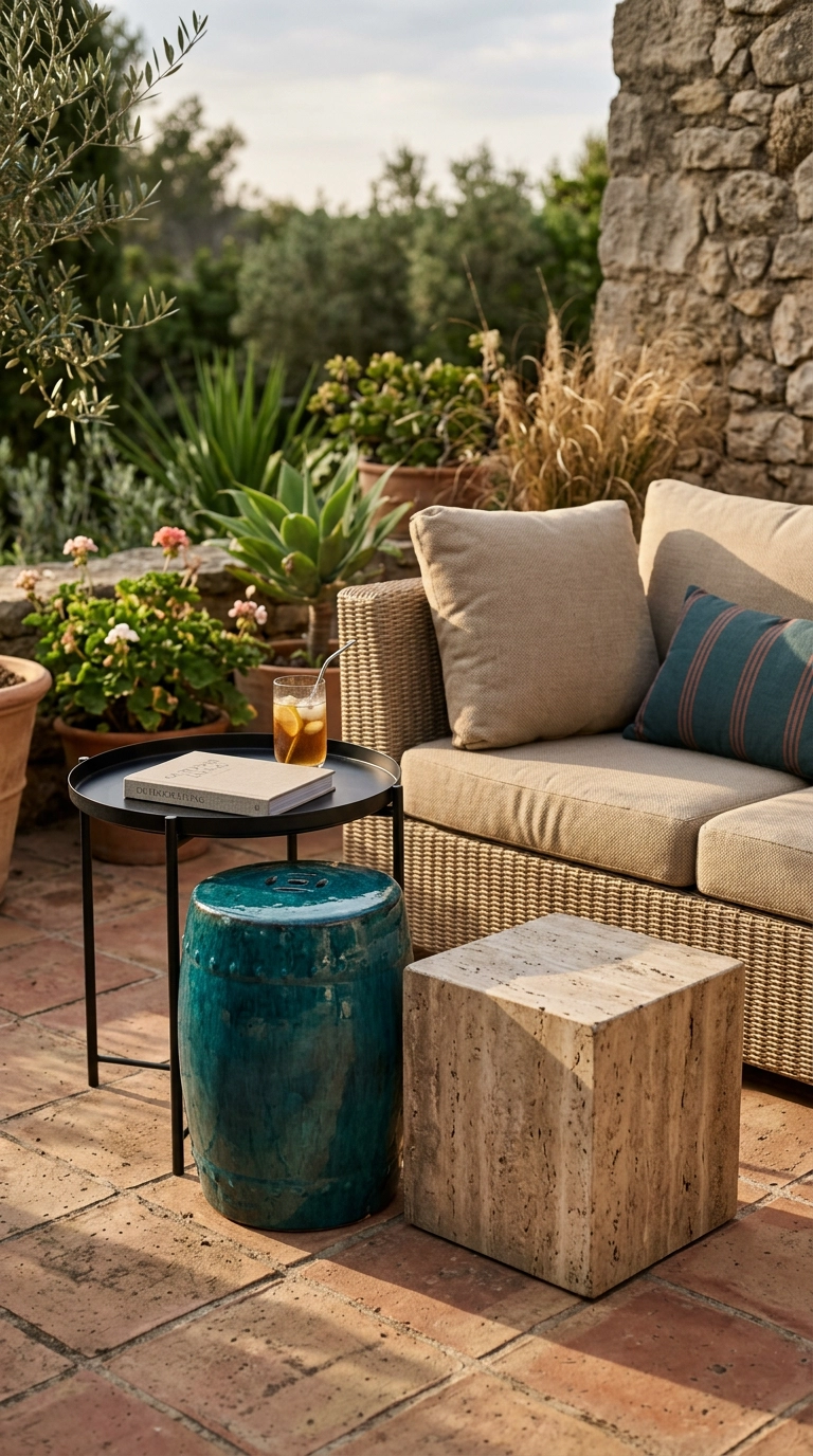 Three mismatched small outdoor side tables clustered in front of a sand-colored sofa