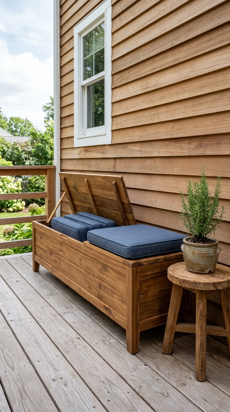Acacia storage bench with a navy cushion on a deck, lid ajar showing folded cushions inside