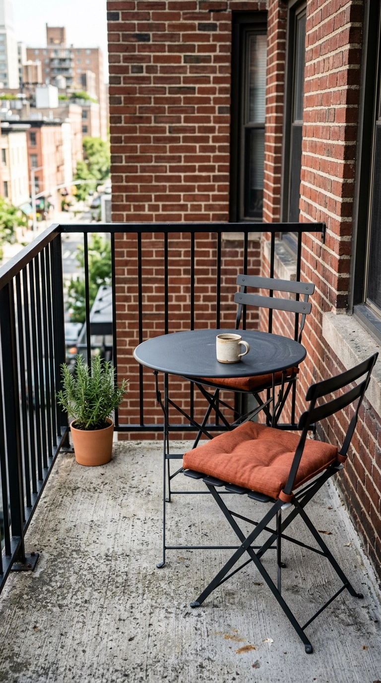 Charcoal metal bistro table and two folding chairs on a small city apartment balcony in morning light