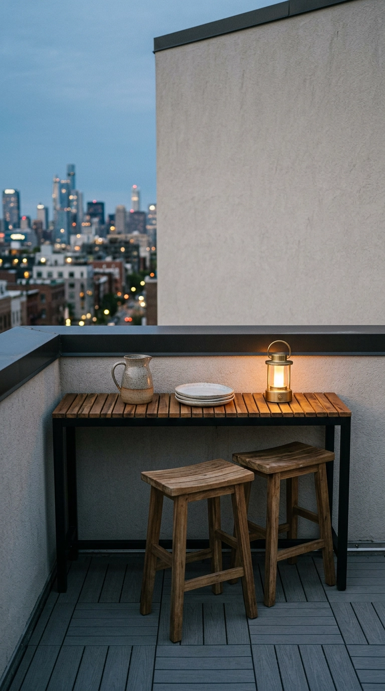 Slim acacia and black steel console table with two teak stools on a city rooftop terrace at dusk