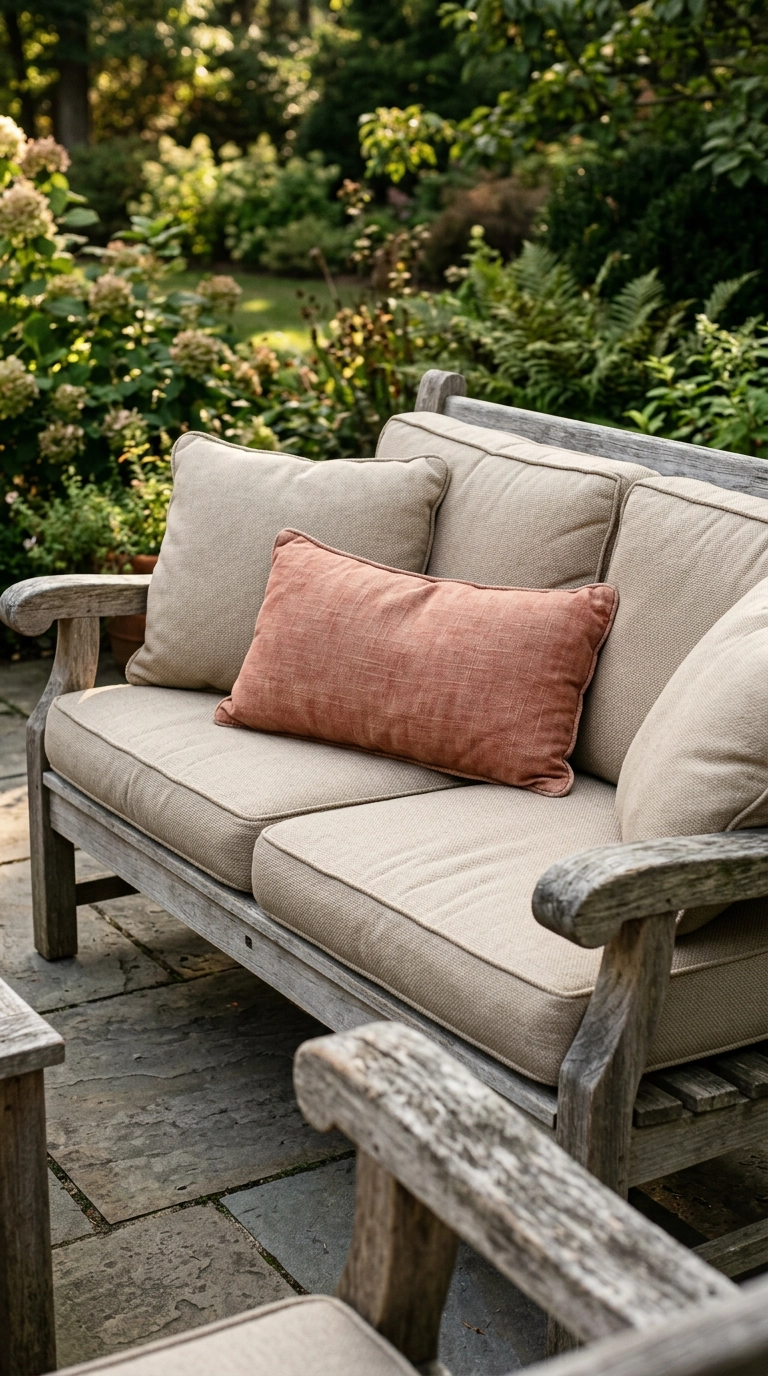 Close-up of oatmeal outdoor cushions and a terracotta lumbar pillow on a weathered teak sofa
