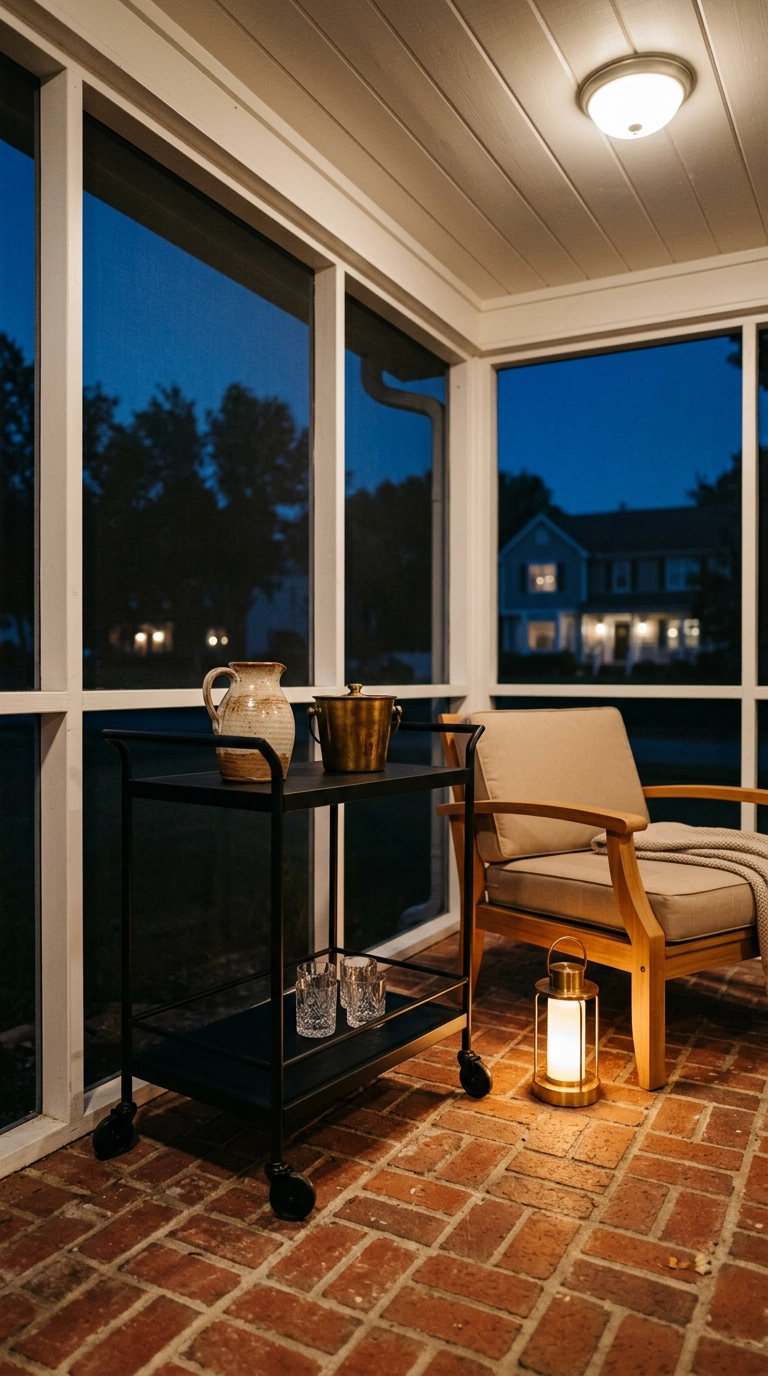 Black rolling bar cart with brass ice bucket on a screened porch at dusk
