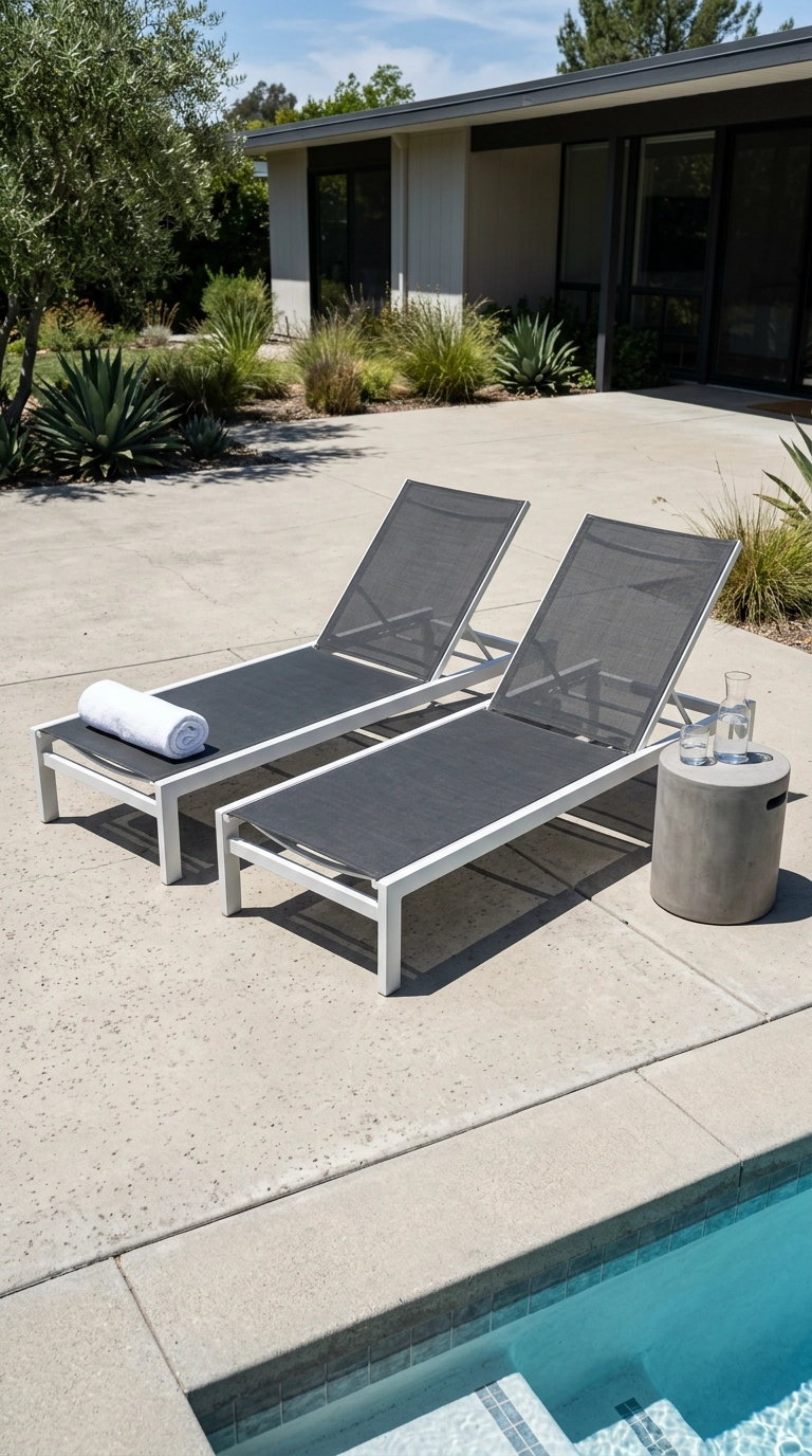 Two white aluminum chaise loungers with charcoal sling fabric on a concrete pool deck
