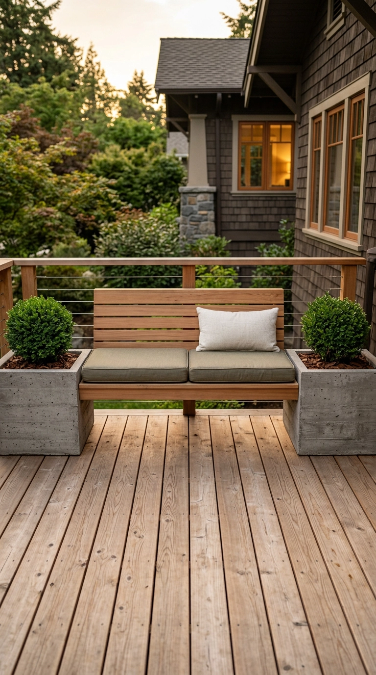 Cedar slat bench spanning two square concrete planters with boxwoods on a craftsman deck