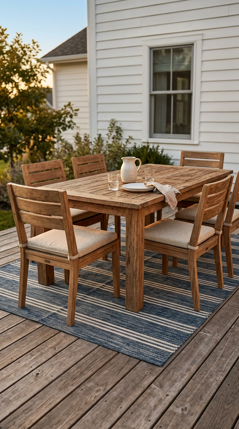 Teak outdoor dining set on a cedar deck over a striped indigo and white outdoor rug at sunset
