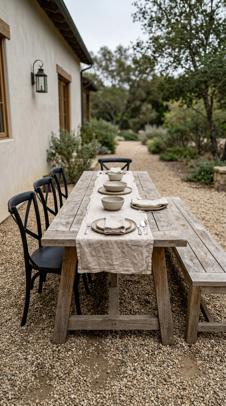 Outdoor trestle table with black metal chairs on one side and a teak bench on the other