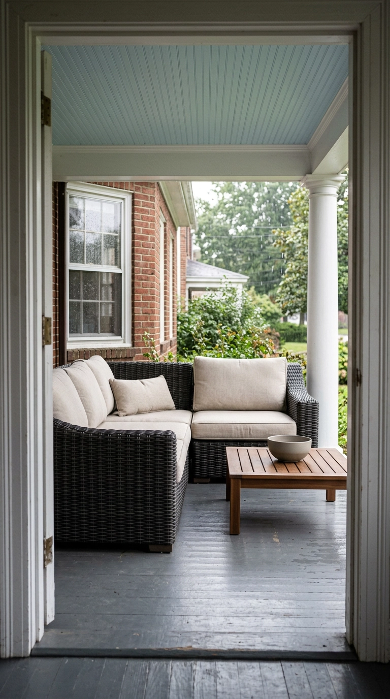 Charcoal all-weather wicker sectional with oatmeal cushions on a covered colonial porch