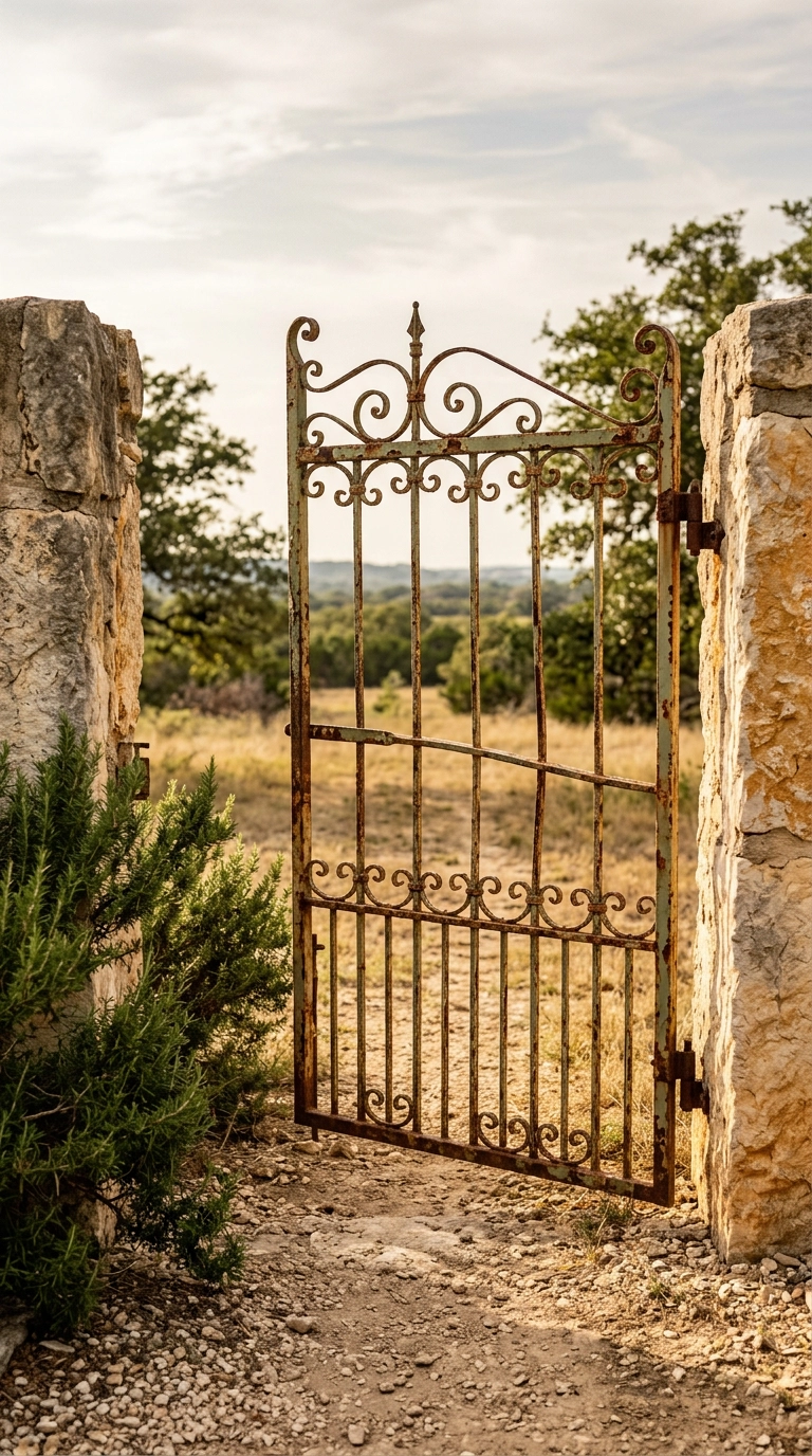 Salvaged antique wrought iron garden gate between limestone piers