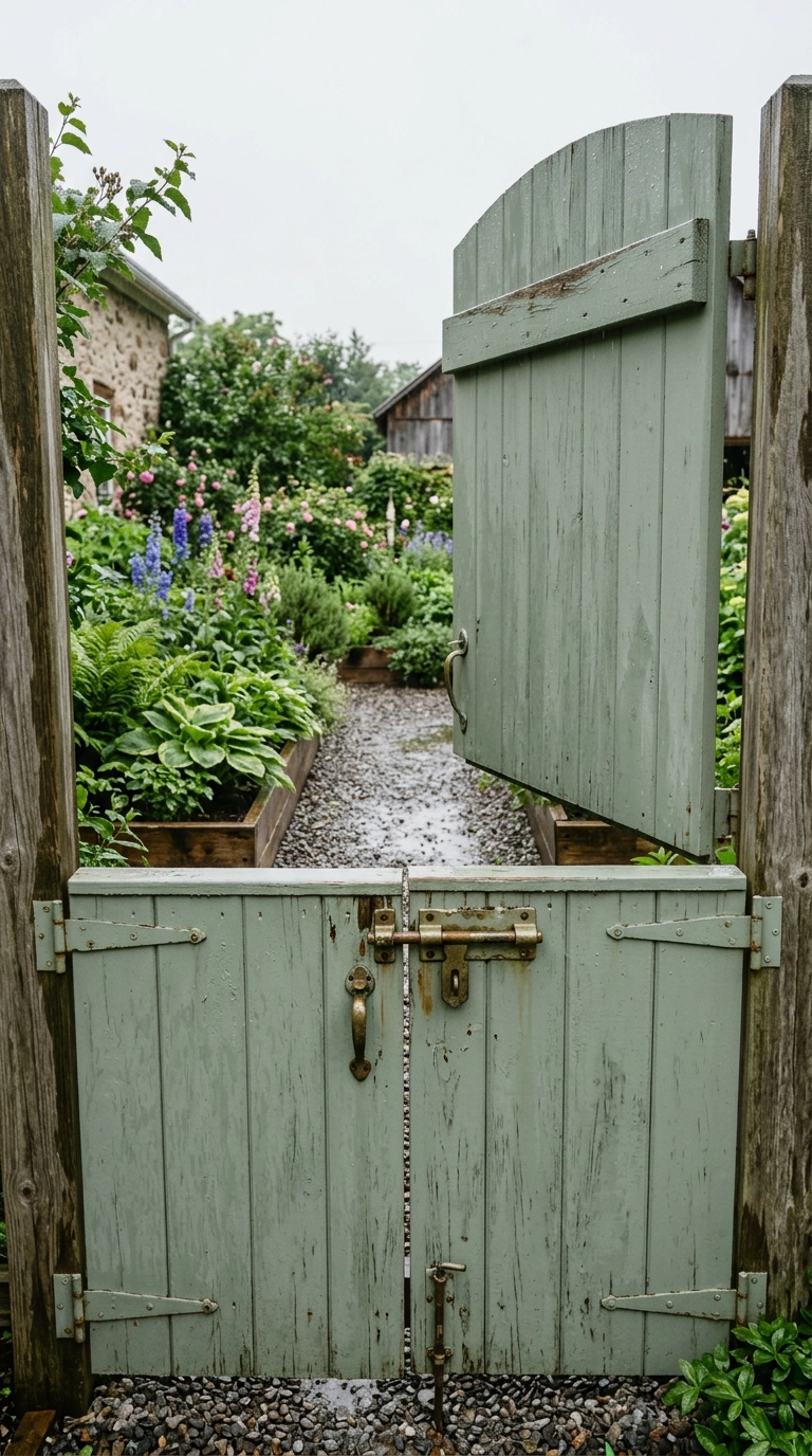 Sage green Dutch garden gate with the top half open