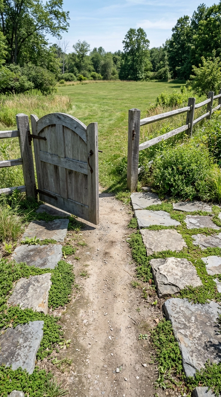 Bluestone stepping stone landing on both sides of an open garden gate