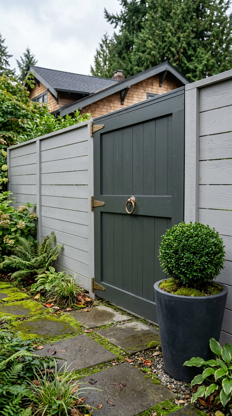 Charcoal-green painted garden gate against a pale grey fence