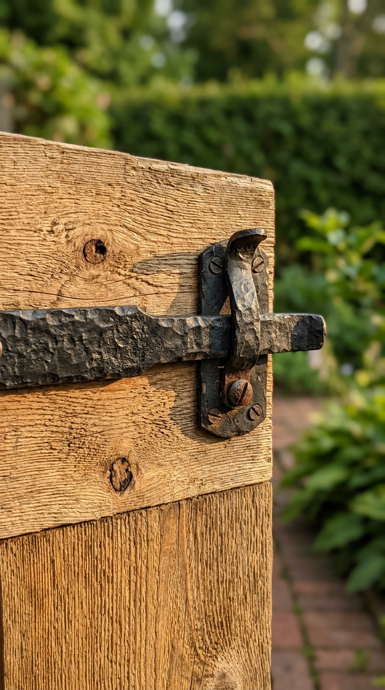 Black iron strap hinge and thumb latch on a cedar garden gate