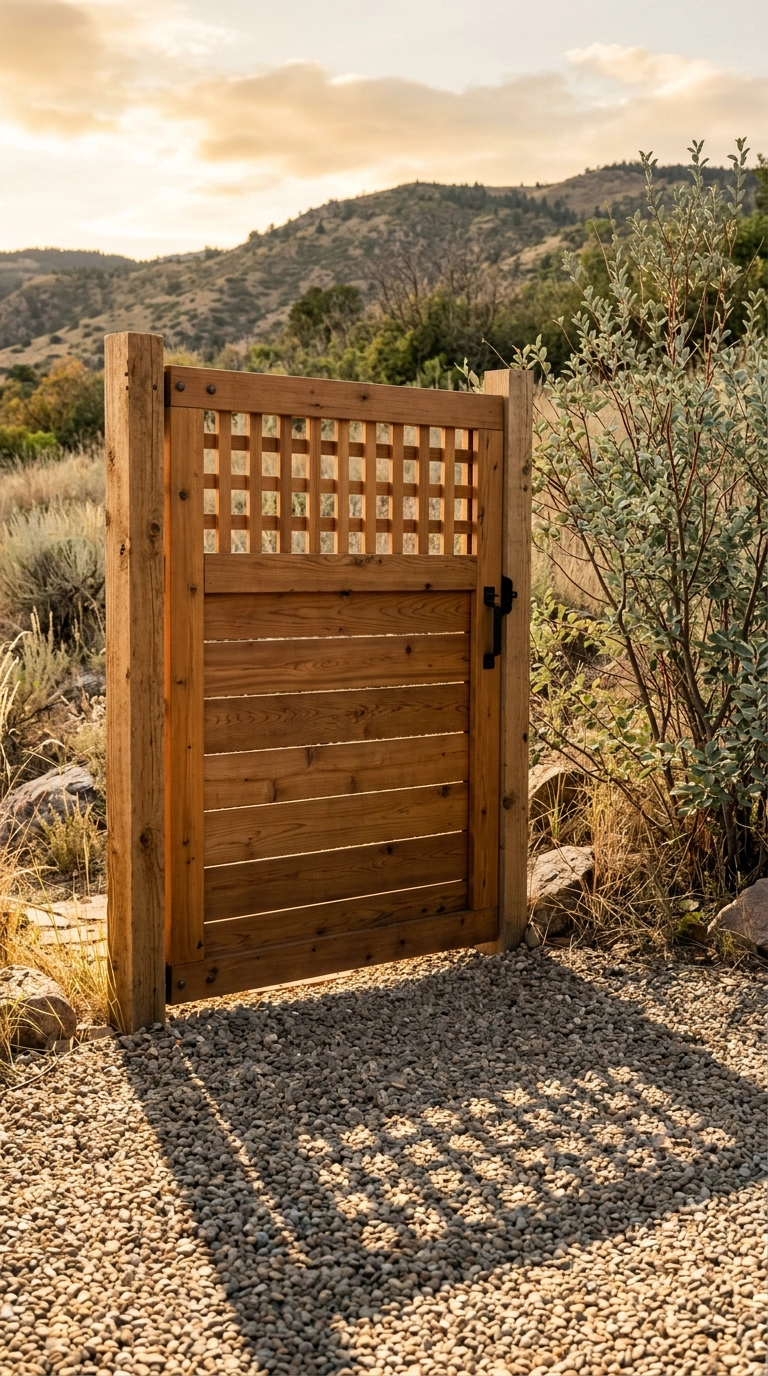 Cedar garden gate with an open lattice topper casting grid shadows