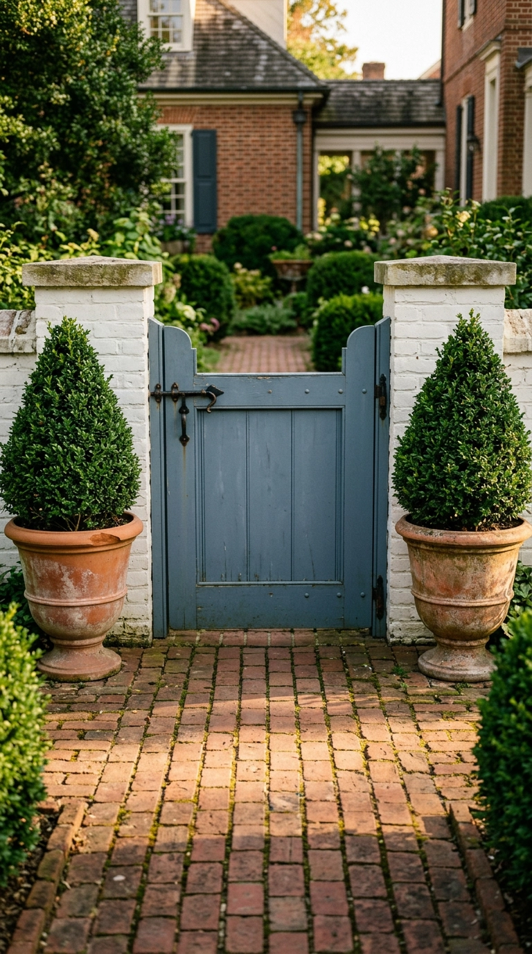 Slate-blue garden gate flanked by two terracotta urns with boxwood
