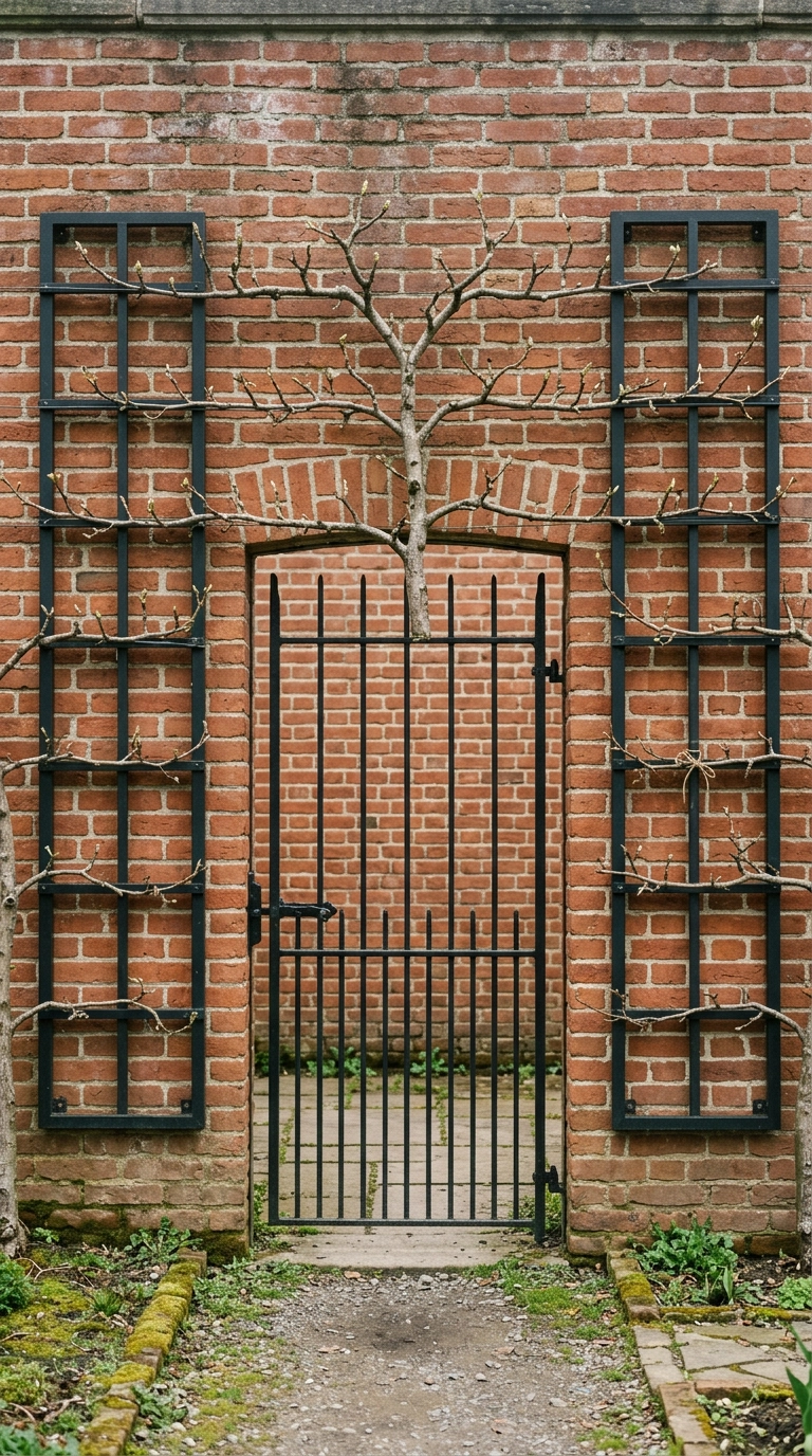 Black steel garden gate flanked by espaliered pear trees on brick