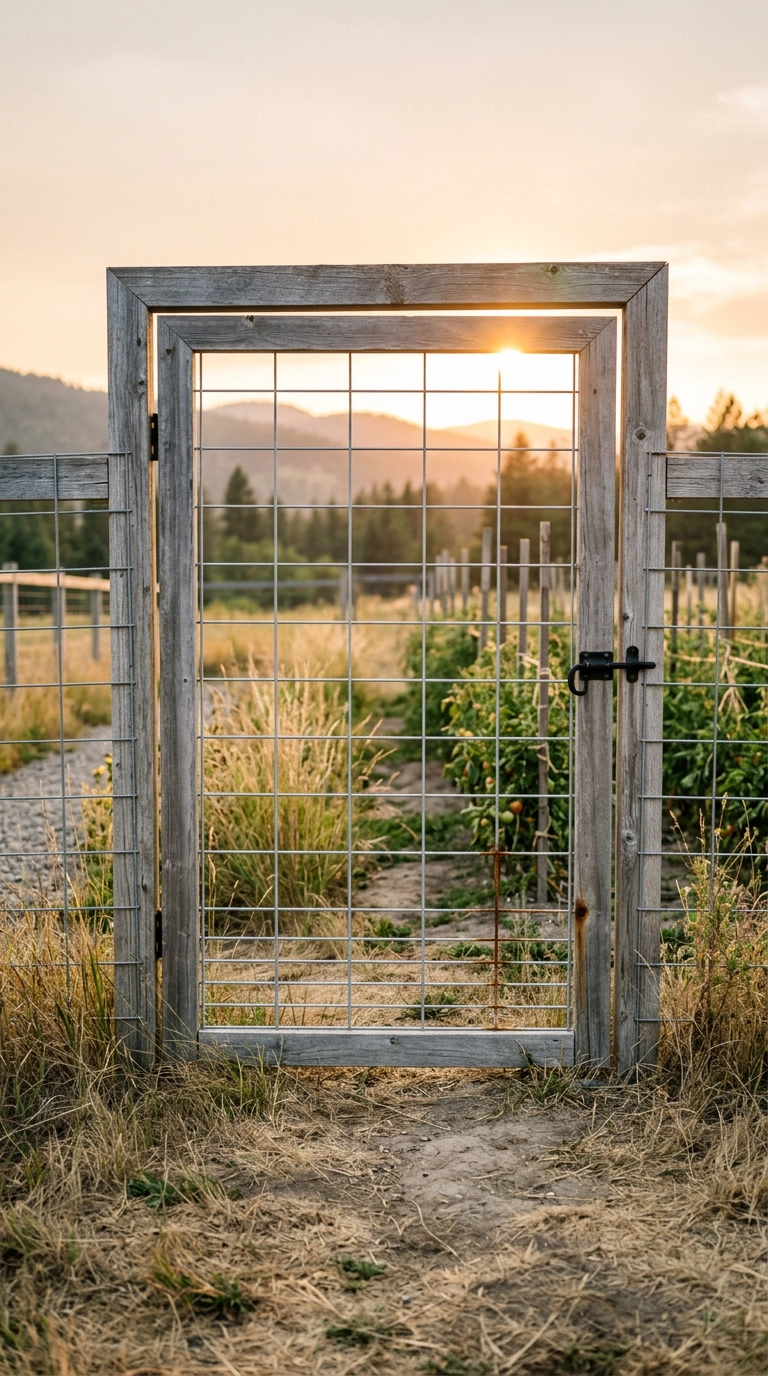 Cattle panel garden gate framed in raw cedar in a kitchen garden
