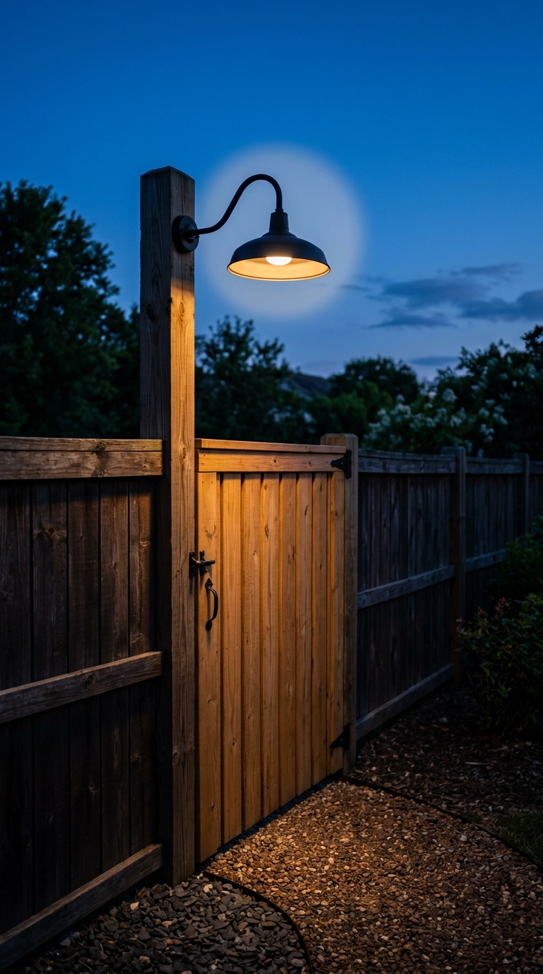 Black gooseneck barn light glowing above a board and batten garden gate