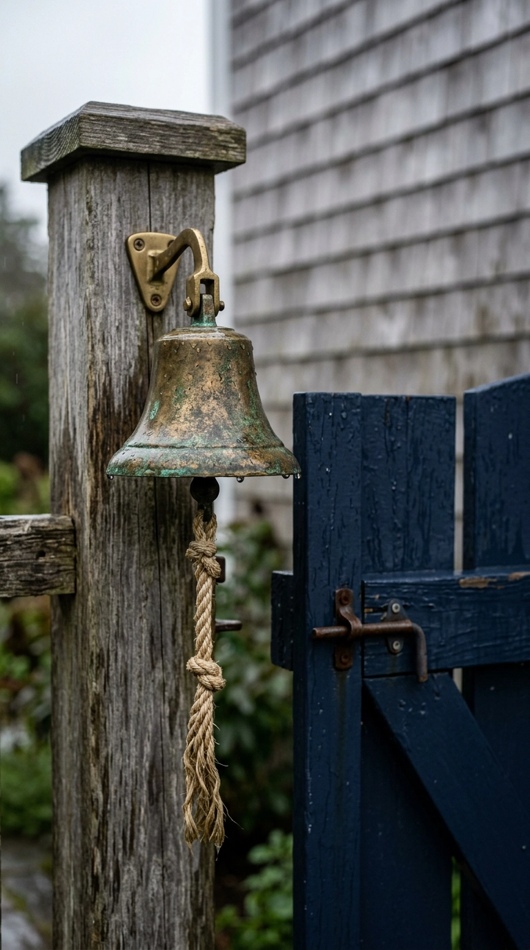 Aged brass bell with a rope pull beside a navy garden gate