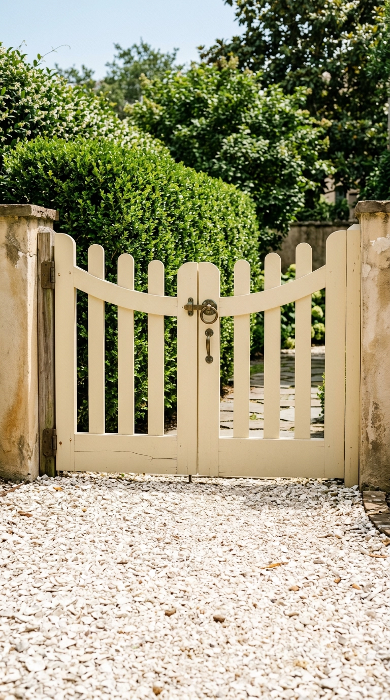 Cream garden gate with a scalloped curved picket top