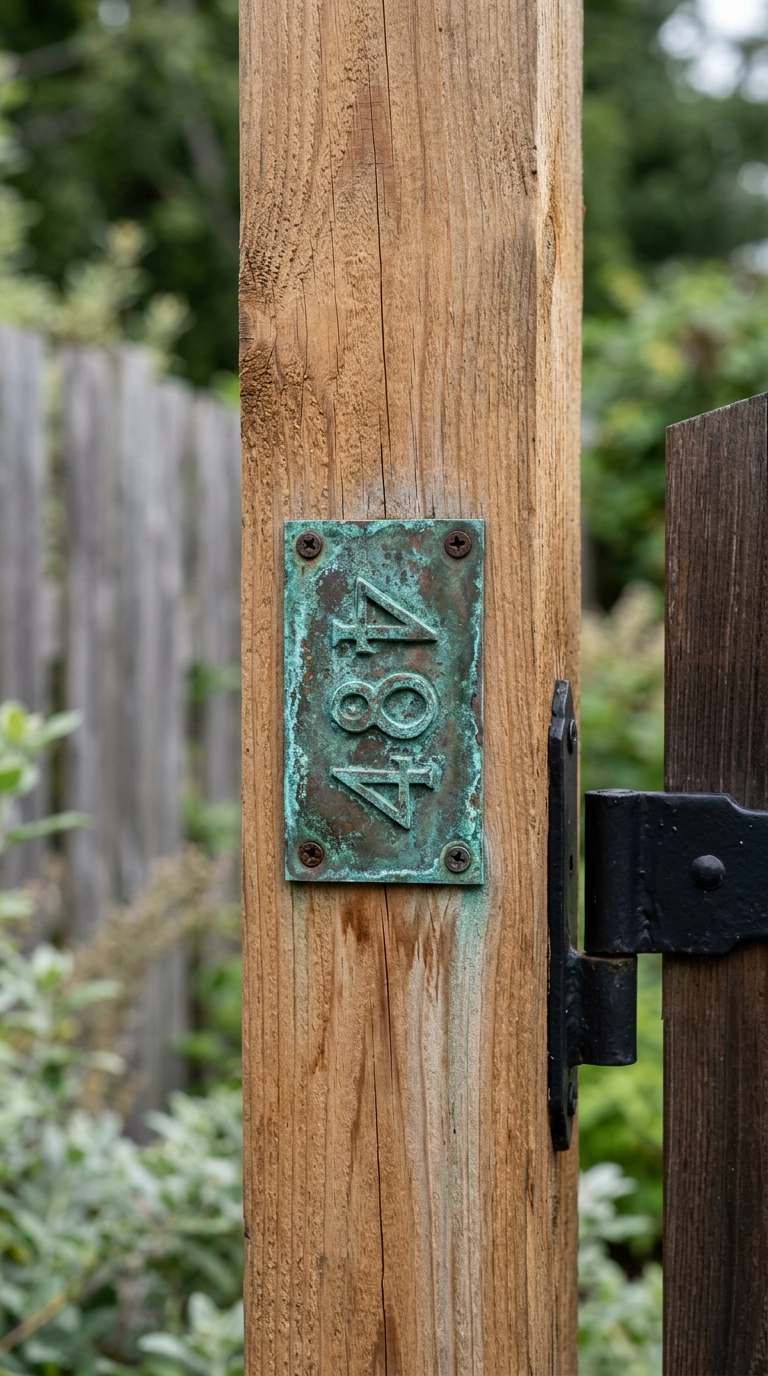 Oxidized copper address plaque on a cedar post beside a garden gate