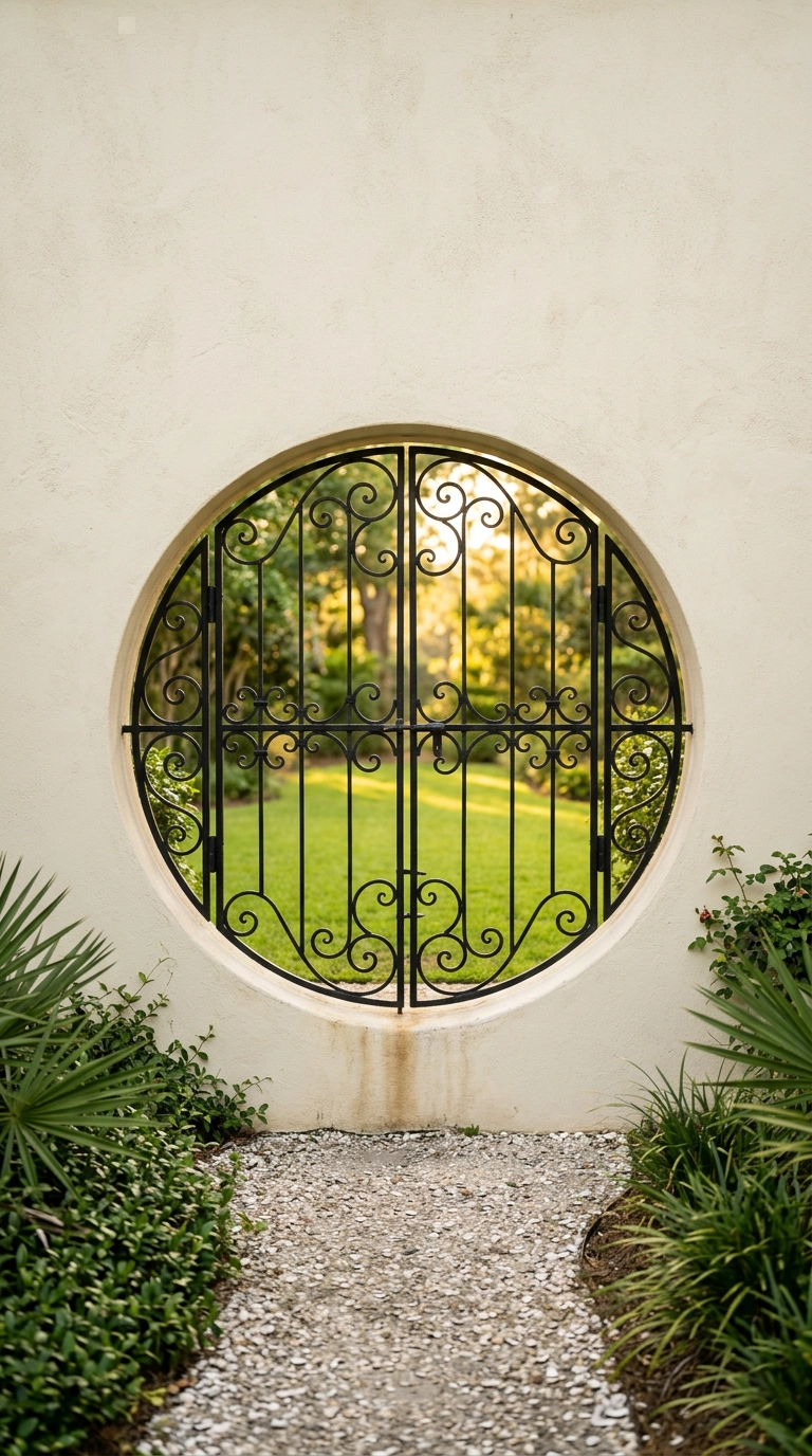 Circular moon garden gate with a curved iron gate in a stucco wall
