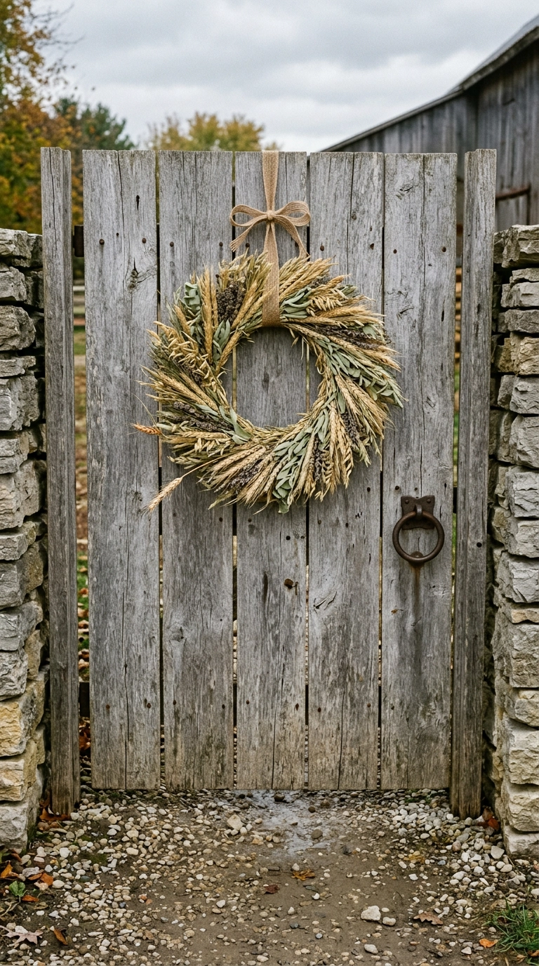 Dried herb and wheat wreath on a weathered oak garden gate