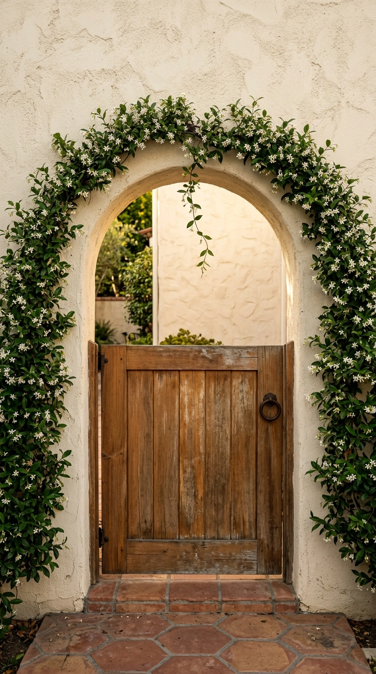Wood garden gate in a stucco arch with star jasmine trained overhead