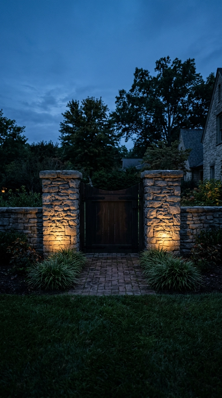Stone piers beside a garden gate lit by warm low uplights at dusk