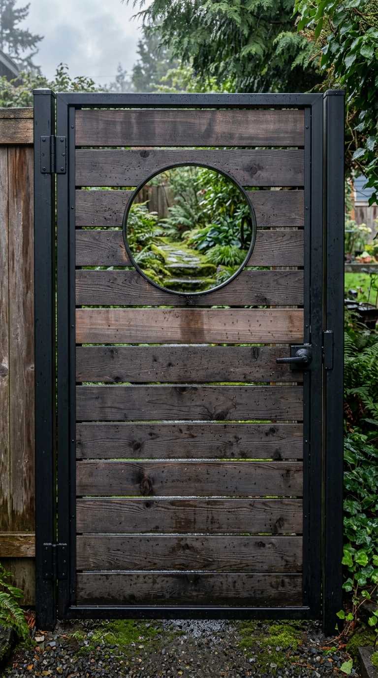 Dark cedar privacy garden gate with a round porthole cutout