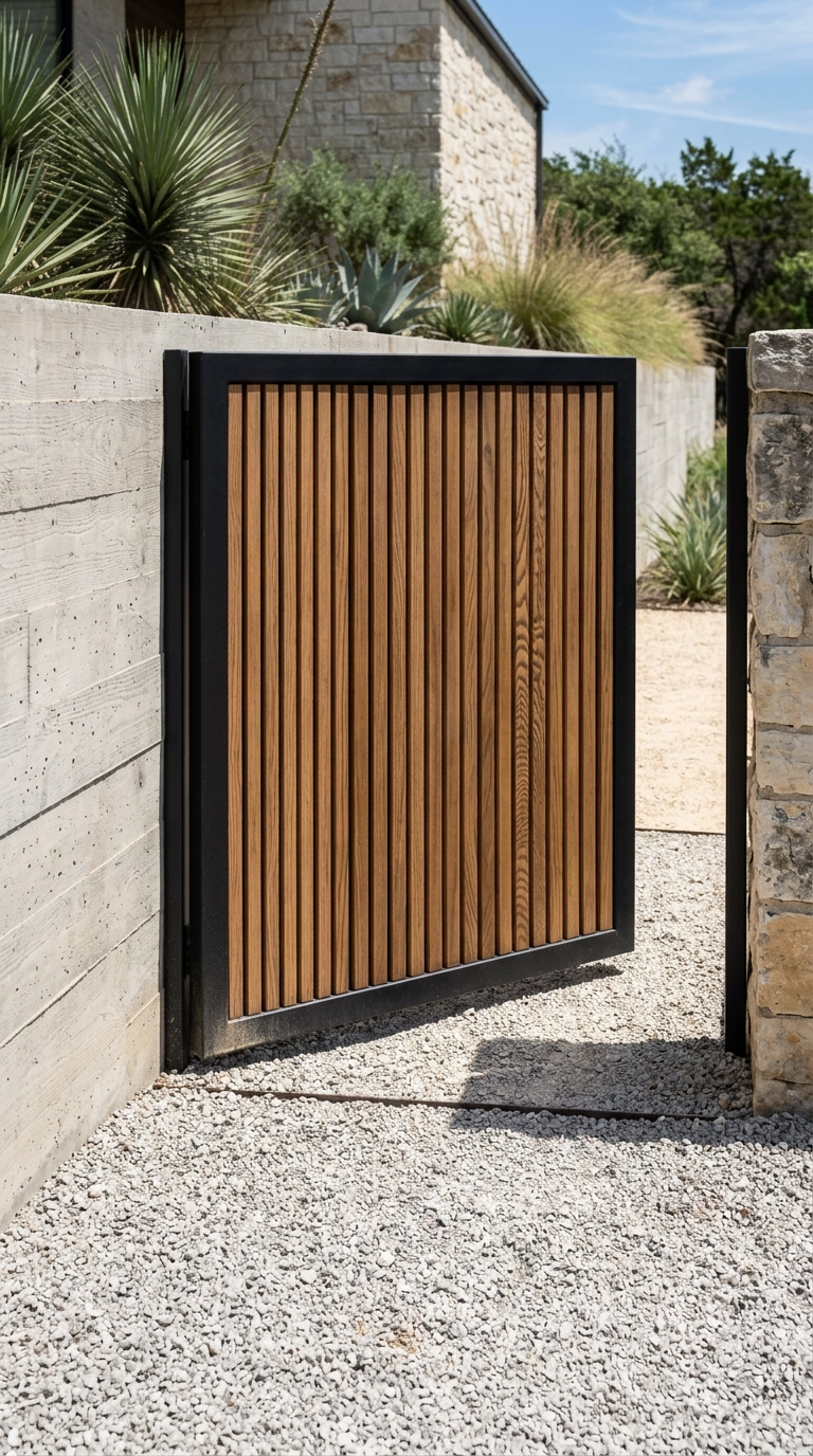 Modern vertical slat garden gate with a black steel frame