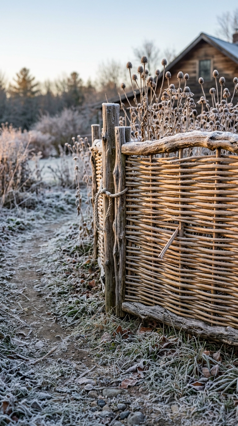 Woven willow hurdle garden gate covered in morning frost