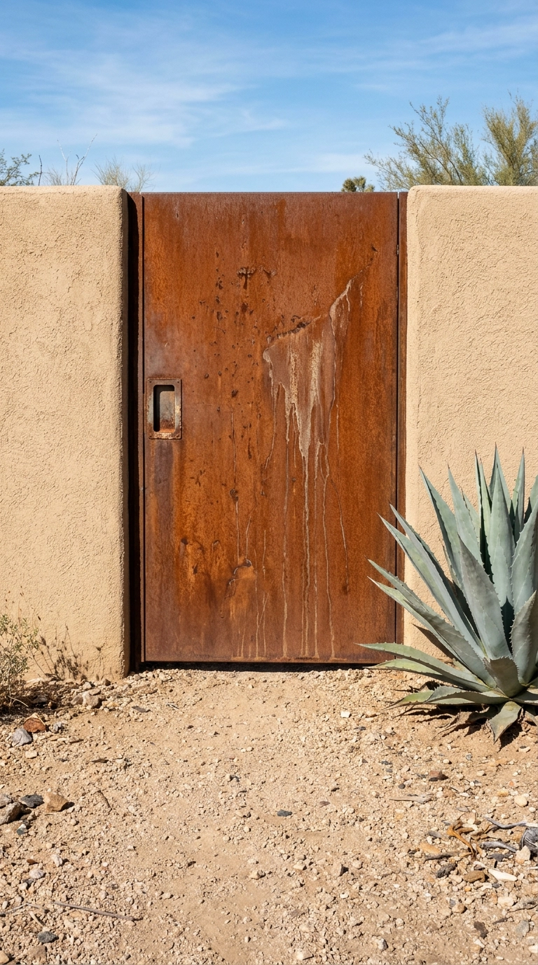 Rust-patina weathering steel garden gate in a desert gravel garden