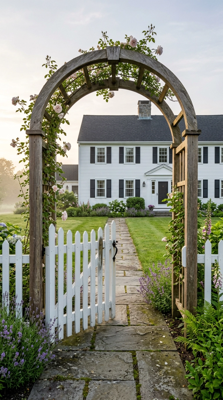 White picket garden gate under an arched cedar arbor with a climbing rose