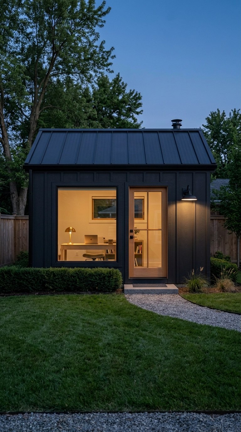 Charcoal board and batten garden office glowing warmly from inside at dusk