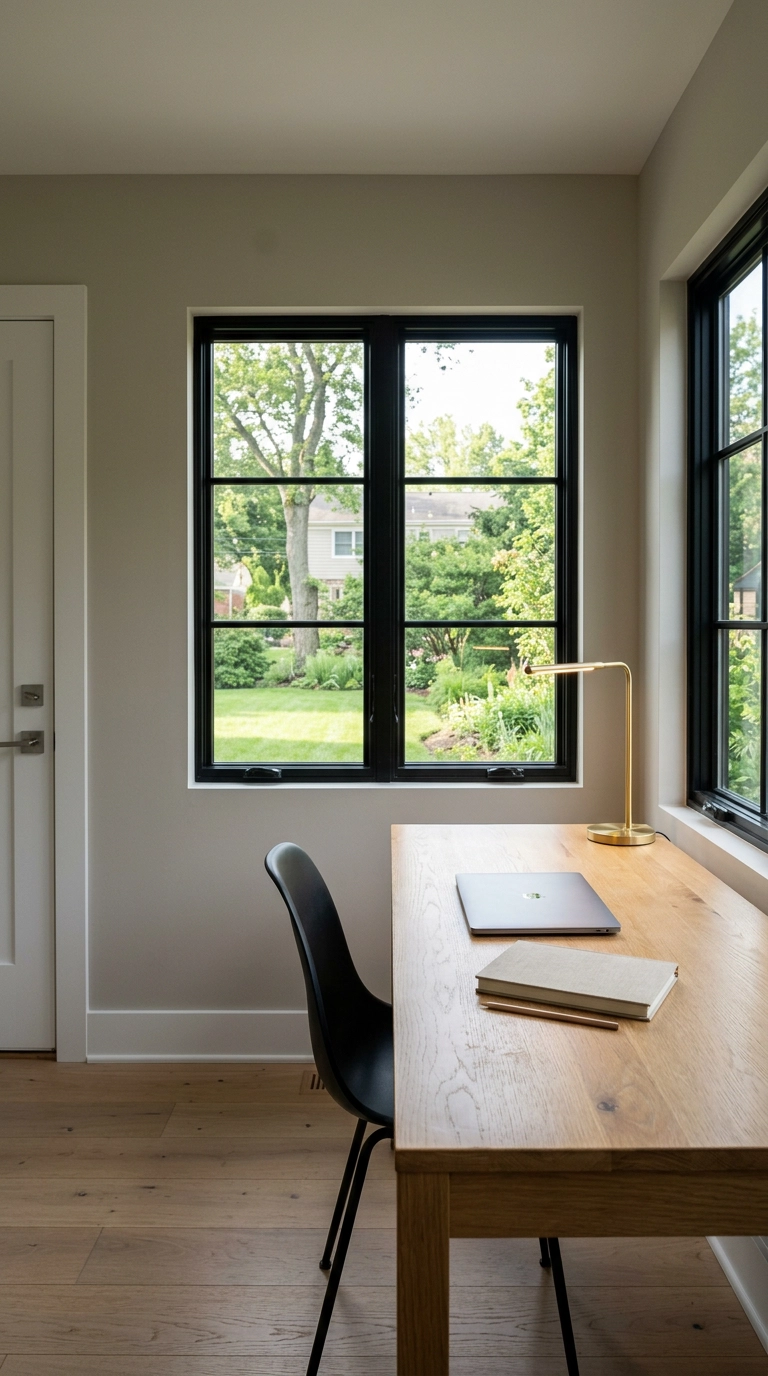 Garden office with white oak desk turned sideways to a large window facing the lawn