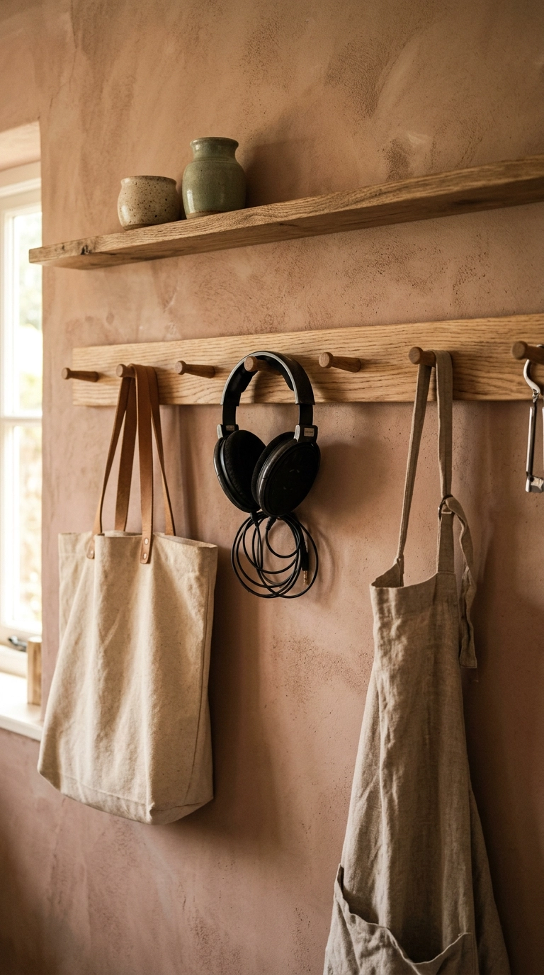 Shaker peg rail on a terracotta limewash wall in a garden office holding a tote and headphones