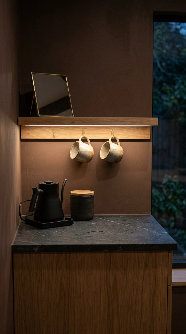 Small oak coffee counter in a garden office with kettle and two hanging mugs