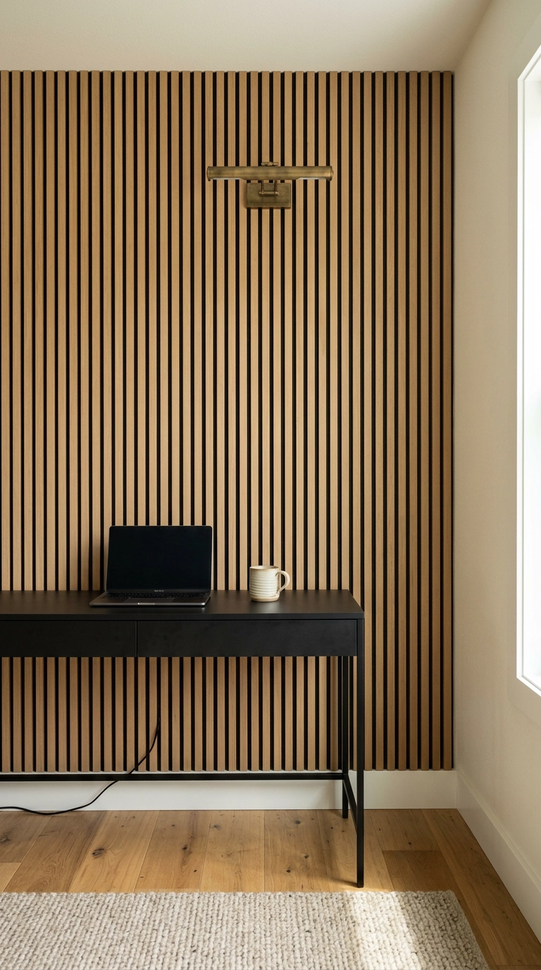 Vertical white oak slat accent wall behind a black steel desk in a garden office