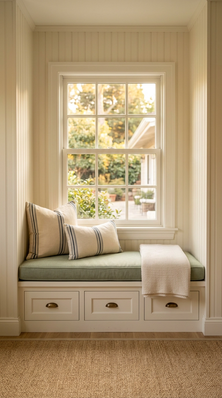 Built-in garden office window seat with sage cushion and drawers beneath